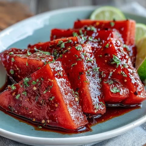 Juicy watermelon slices dusted with Tajin seasoning and zesty lime juice make the perfect refreshing summer snack.