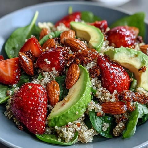 A vibrant strawberry avocado quinoa salad with fresh greens, juicy berries, and creamy avocado in a citrus dressing.  