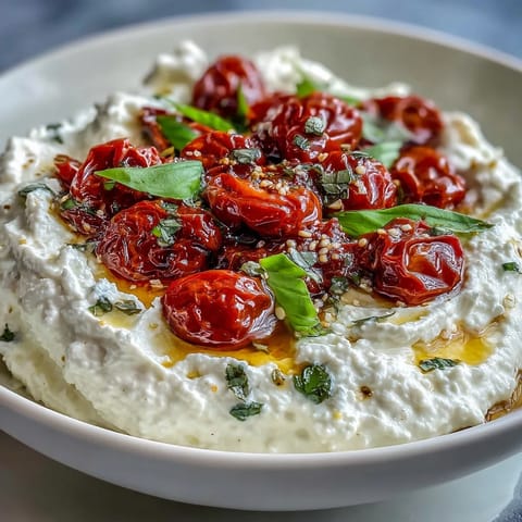 Creamy whipped feta dip with roasted cherry tomatoes, garnished with fresh basil and a drizzle of olive oil.  