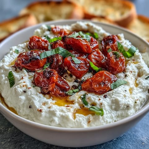 Velvety feta and cream cheese dip topped with sweet, caramelized roasted cherry tomatoes and fragrant basil leaves.  