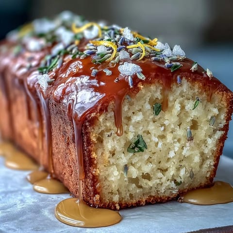 Moist lemon lavender loaf cake with honey glaze, fragrant and floral, perfect for a cozy afternoon tea or light dessert.  