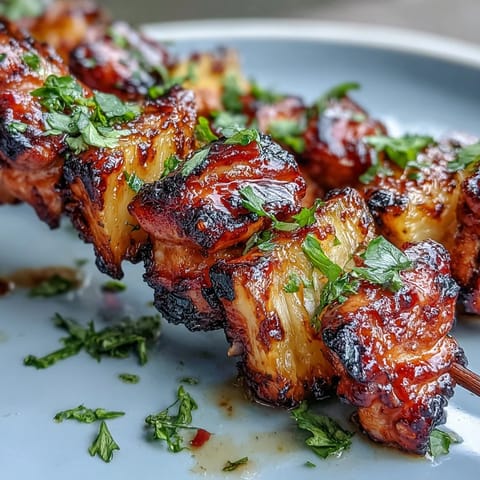 Grilled Chicken Al Pastor Skewers with Pineapple, marinated in smoky spices and grilled to juicy perfection.  