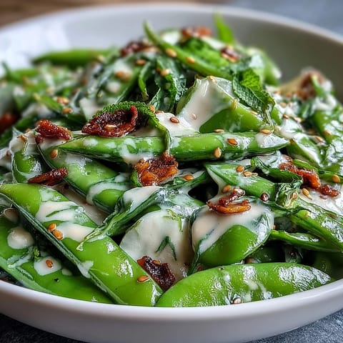 Crisp snap pea and radish salad with creamy tahini dressing, perfect for a refreshing spring lunch.  