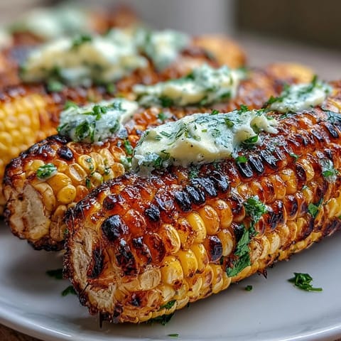 Grilled corn on the cob with herbed butter, charred and smoky for Memorial Day barbecues.  
