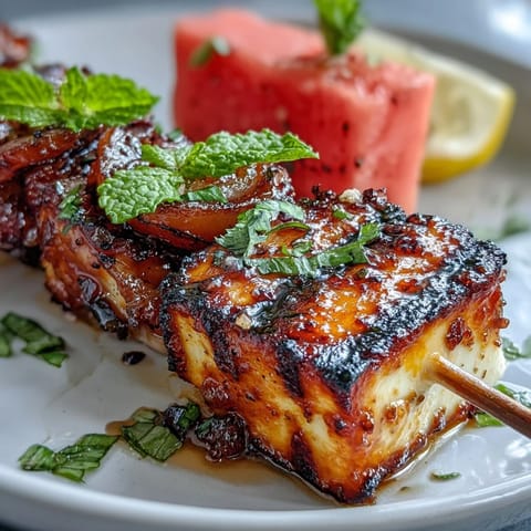 Grilled halloumi skewers shine with golden cheese, juicy watermelon cubes, and fresh mint leaves for a vibrant summer appetizer.