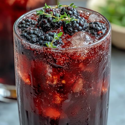 Vibrant blackberry lavender lemonade fizz in a tall glass, garnished with fresh berries and lavender sprigs, sparkling and refreshing.