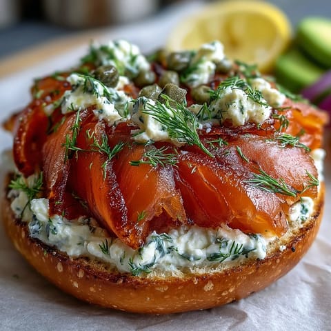 A colorful smoked salmon bagel board with creamy spreads, fresh vegetables, and silky salmon slices for an elegant Mother's Day brunch.