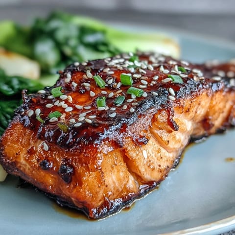Miso Glazed Salmon with Sesame Bok Choy, caramelized and glistening, with vibrant green stalks.