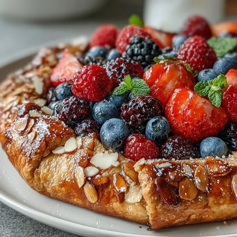 Rustic Summer Berry Galette showcasing a golden almond crust and vibrant berry filling.
