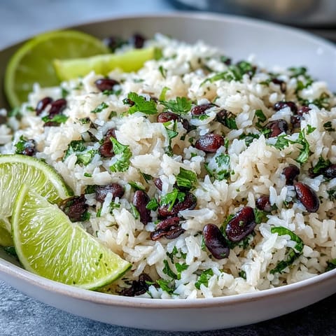 Vibrant coconut lime rice with cilantro and black beans, a fluffy, citrusy side.