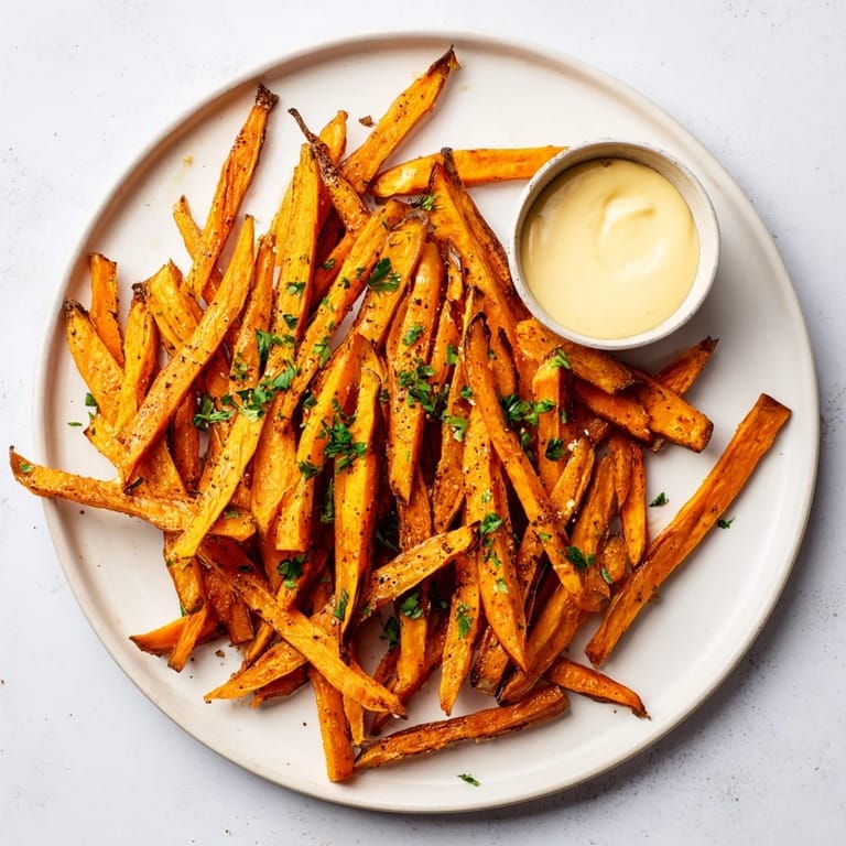 Bowl of golden Sweet Potato Fries topped with fresh parsley, paired with a small dish of aioli.