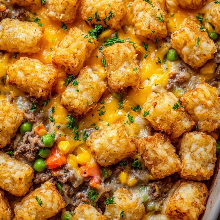 Freshly baked Tater Tot Casserole in a dish, garnished with parsley and ready to serve with a side salad.