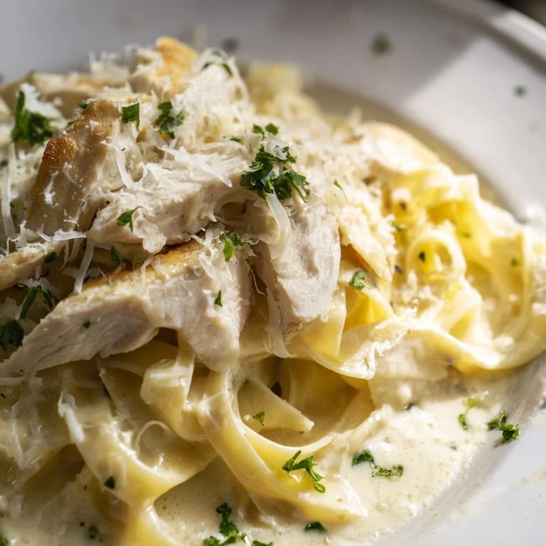 A fork lifts a bite of cheesy fettuccine Alfredo, revealing rich buttery sauce and tender pasta strands alongside fresh parsley.