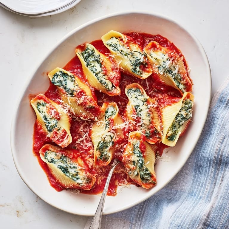 Close-up of golden Stuffed Shells with melty cheese topping, served hot from the oven with fresh basil garnish.