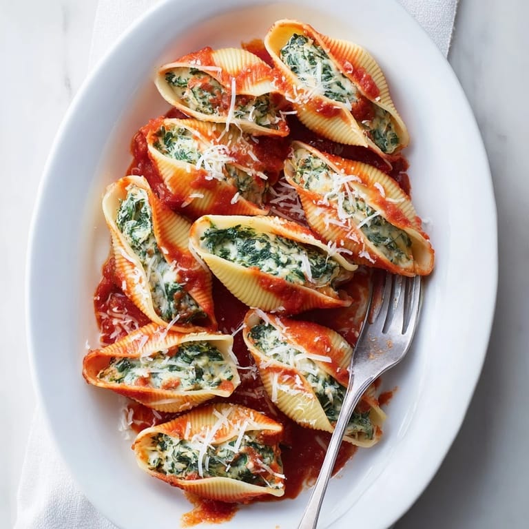 Tender jumbo Stuffed Shells loaded with spinach-ricotta, smothered in homemade tomato sauce, perfect for a cozy vegetarian dinner.