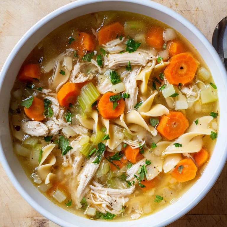 Steaming bowl of classic Chicken Noodle Soup garnished with fresh parsley, featuring hearty vegetables and soft noodles, ready to enjoy on a cold day.
