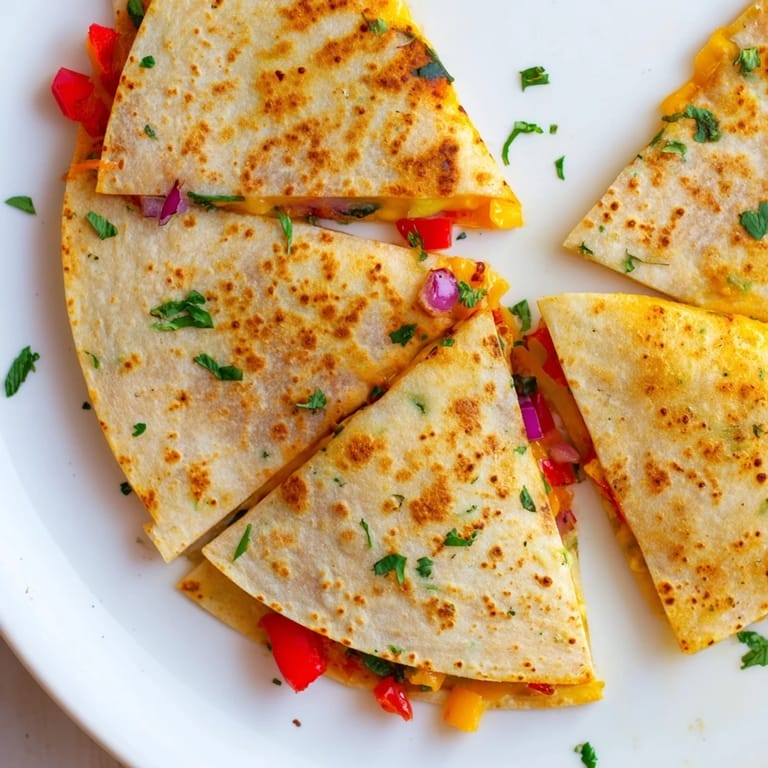 Quesadillas filled with gooey cheese and red bell peppers, sliced into wedges with salsa.