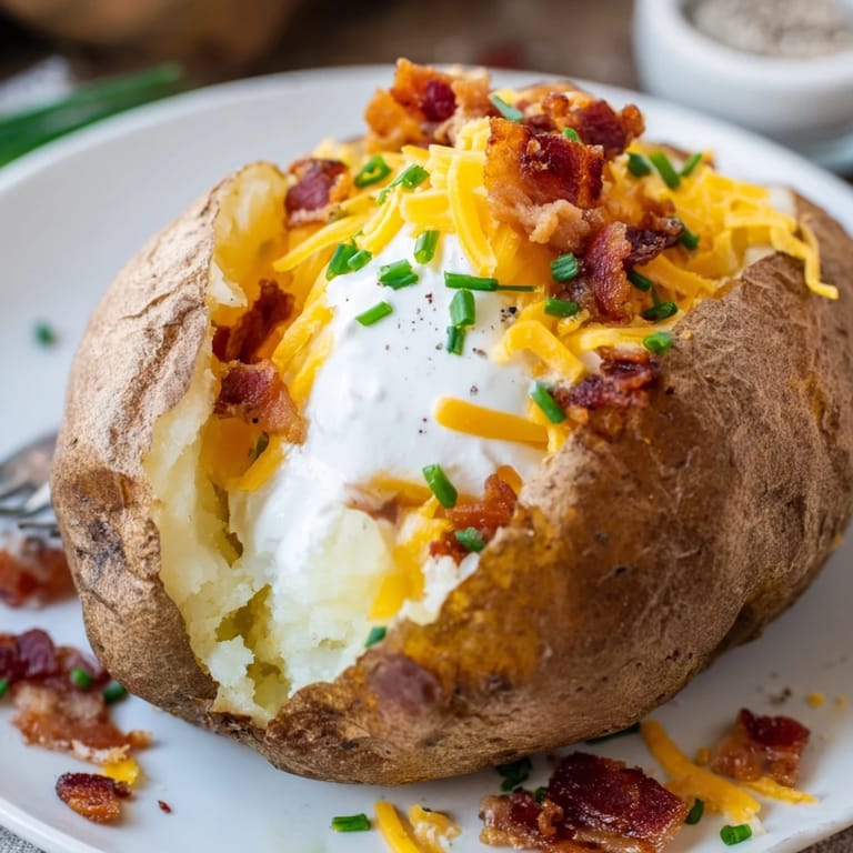 Split open Loaded Baked Potato with sour cream and cheddar melting over crispy bacon bits, served on a rustic plate.