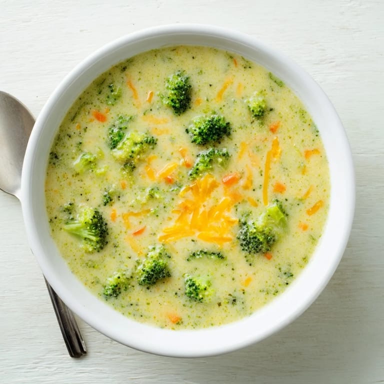 A comforting bowl of homemade Broccoli Cheese Soup served with warm crusty bread alongside.