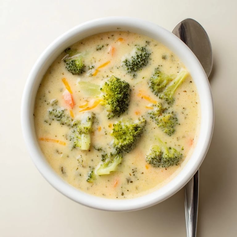 Hearty Broccoli Cheese Soup simmering on the stove, featuring fresh broccoli florets and melted cheddar.