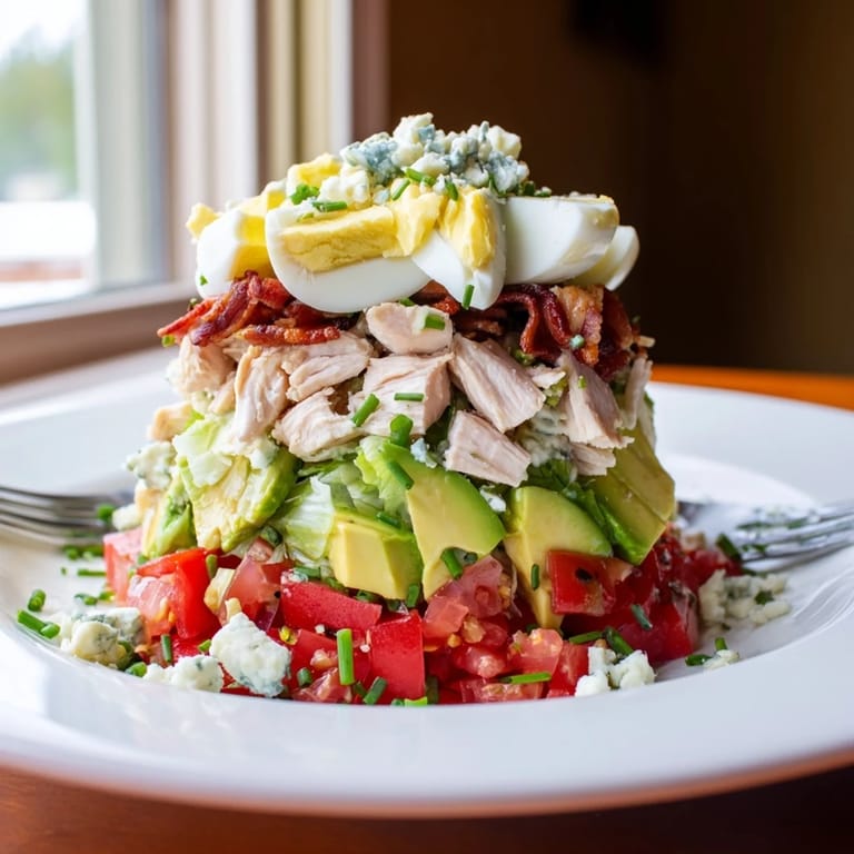 Classic American Cobb Salad arranged on a platter with diced tomatoes, egg quarters, and bacon crumbles beside a small bowl of vinaigrette.