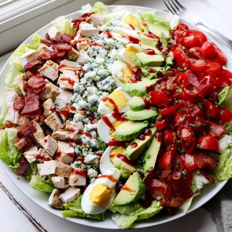 Vibrant Cobb Salad featuring tender chicken, avocado slices, and crumbled blue cheese on greens, drizzled with red wine vinaigrette and garnished with chives.