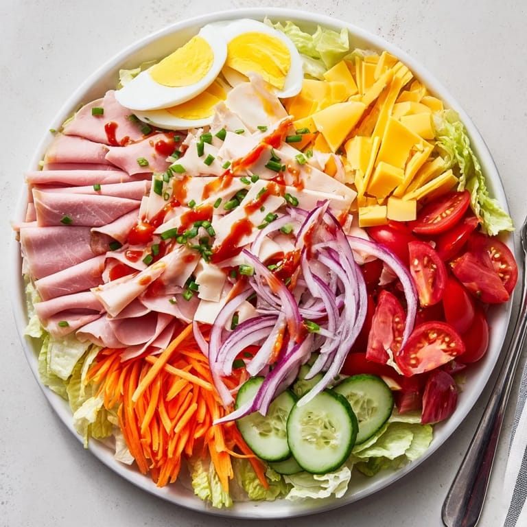 Freshly prepared Chef Salad with crisp romaine and iceberg lettuce, colorful tomato wedges, cucumber slices, and julienned carrots, ready to serve as a hearty main dish.