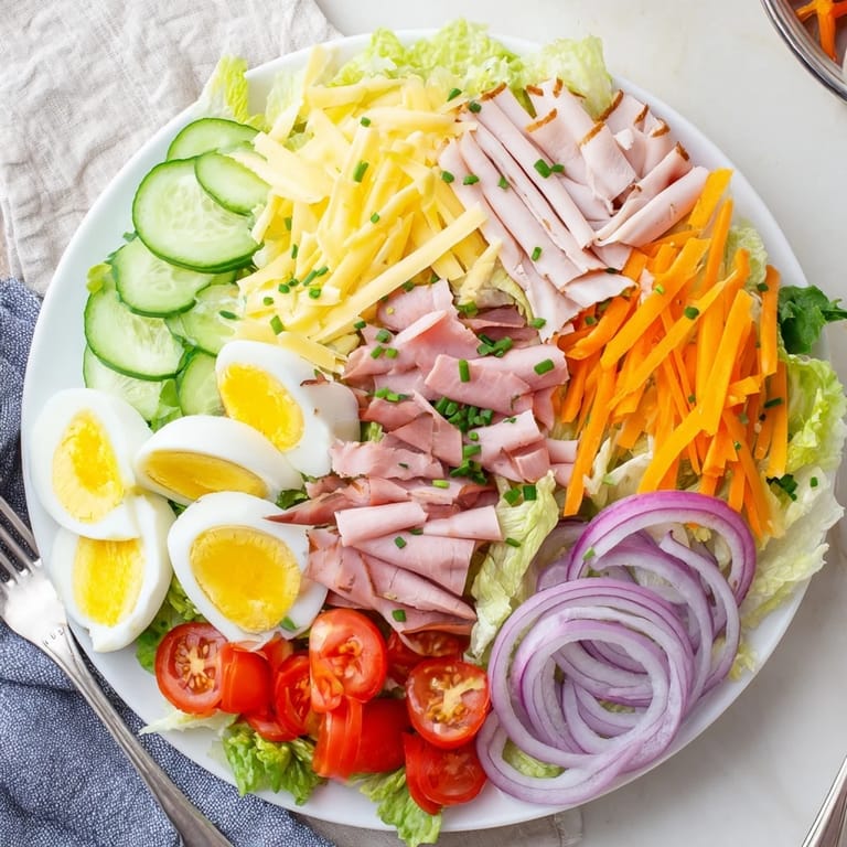 Overhead view of a gluten-free Chef Salad featuring sliced deli meats, quartered eggs, and cheese on a bed of greens, garnished with fresh chives and parsley.
