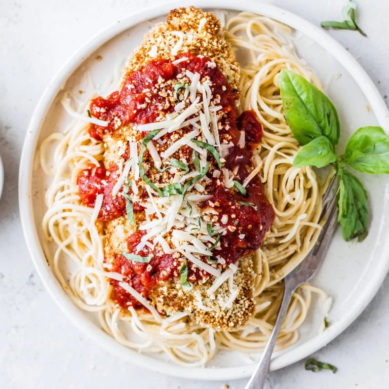 Homemade Chicken Parmesan baked with bubbly cheese, served hot alongside a bed of marinara-coated pasta.