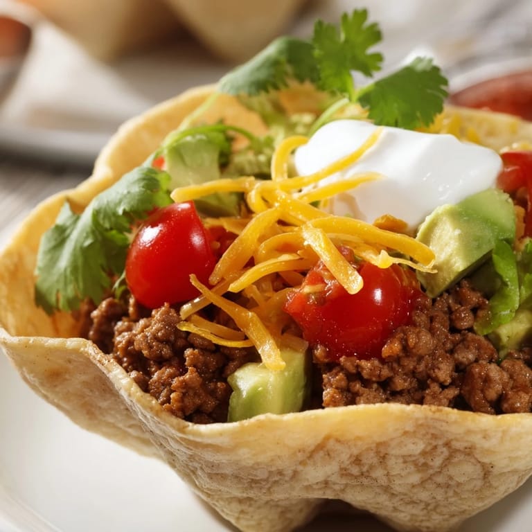 Homemade Taco Salad featuring a crunchy fried tortilla shell and zesty lime wedges for serving.