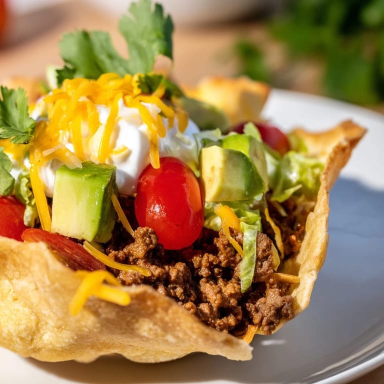 A loaded Taco Salad topped with melted cheddar, creamy sour cream, and vibrant fresh salsa.