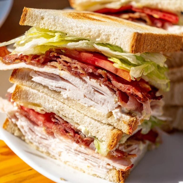 A freshly made Turkey Club Sandwich stacked high with juicy turkey and crisp lettuce, secured with cocktail sticks and ready to serve.