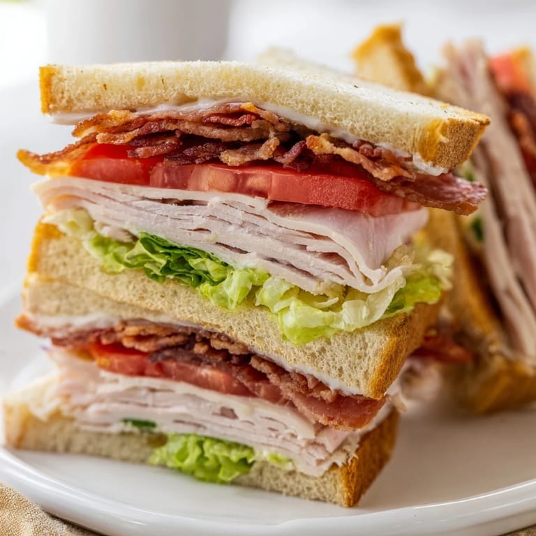 An open-faced Turkey Club Sandwich on a plate, highlighting crispy bacon and fresh tomato slices next to a side of potato chips.