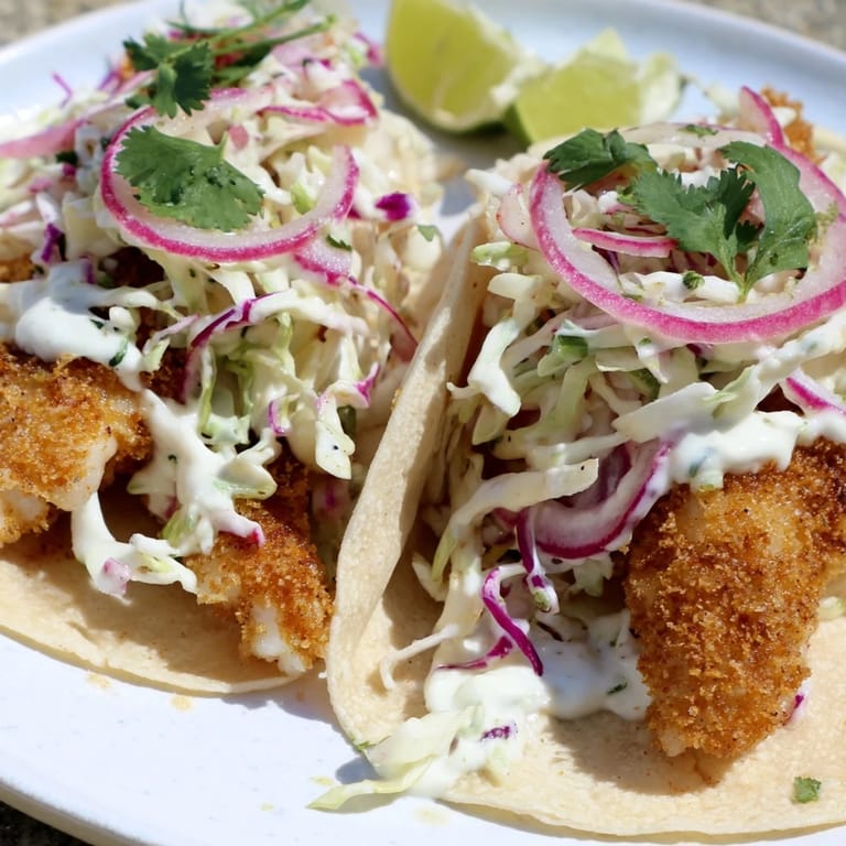 Overhead view of Fish Tacos with warm tortillas, crisp slaw, and fish topped with creamy sauce and lime wedges.