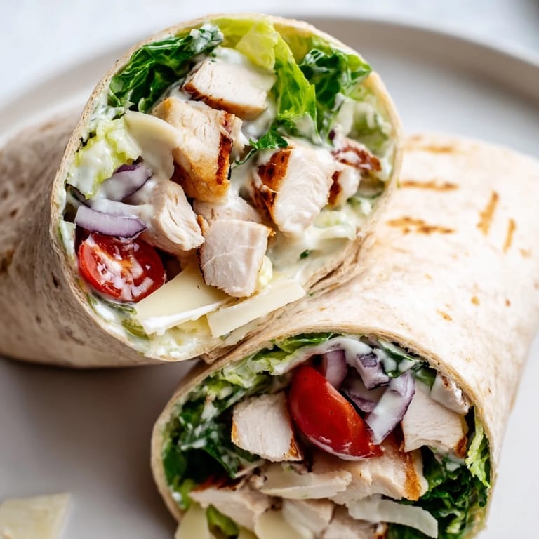 Sliced Chicken Caesar Wrap stuffed with cherry tomatoes, red onion and creamy dressing on a soft tortilla.