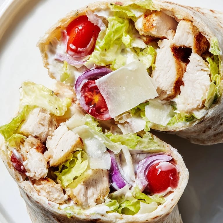 Halved Chicken Caesar Wrap on a wooden board, paired with extra dressing and a light salad for dinner.