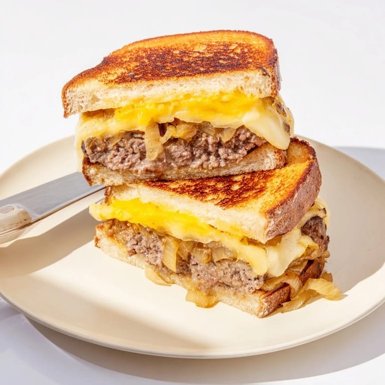 A classic diner-style Patty Melt with a juicy beef patty, grilled rye bread, and melted cheese.