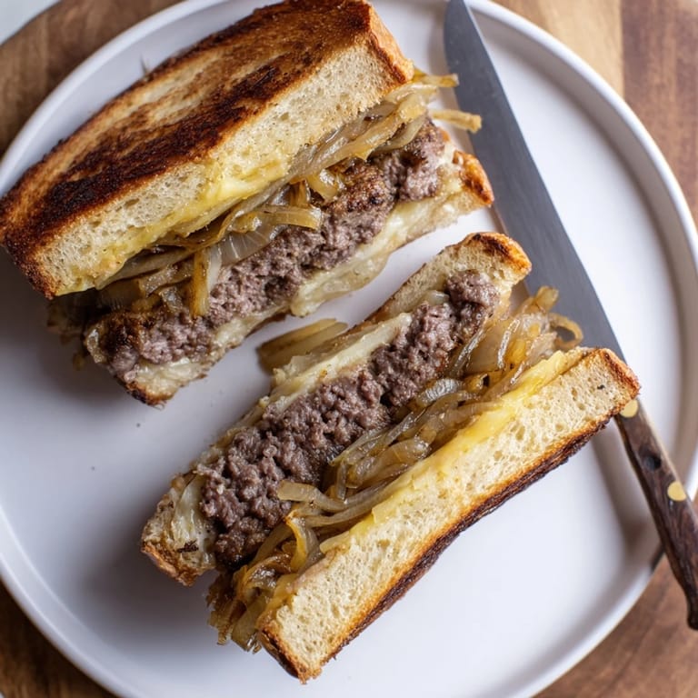Close-up of a homemade Patty Melt on sourdough, featuring caramelized onions and a perfectly seared beef patty.