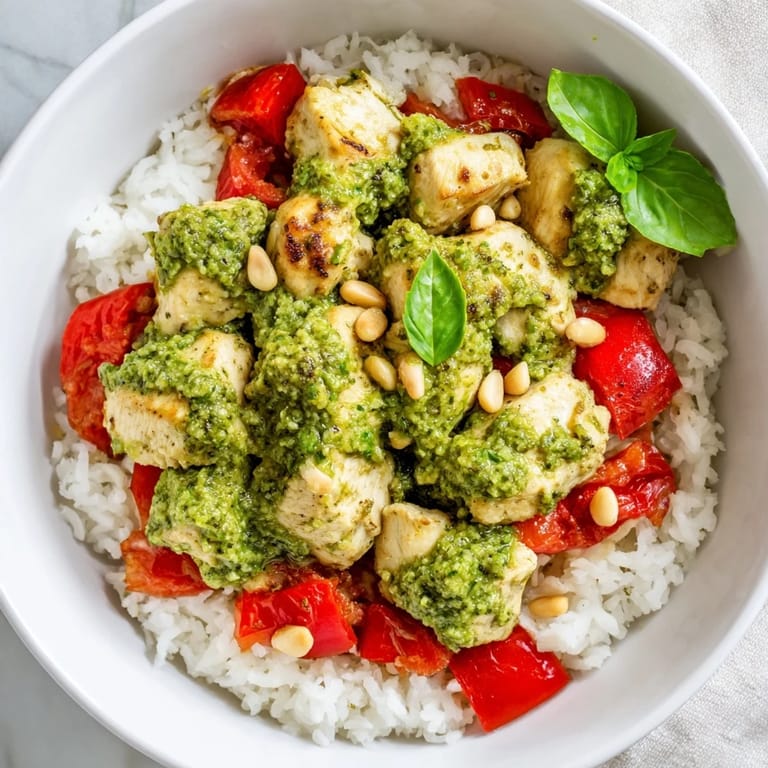 Savory Chicken Pesto Rice Bowl served steaming hot, featuring juicy tomatoes and herbs, perfect for an easy weeknight dinner.