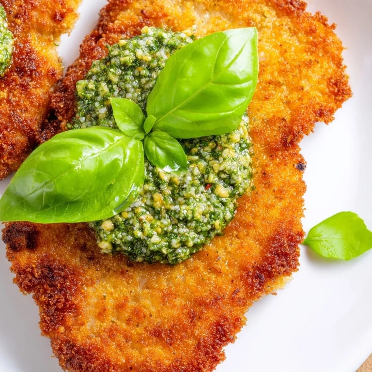 Plated Crispy Pesto Chicken Cutlets garnished with fresh basil and lemon wedges for a bright finish.