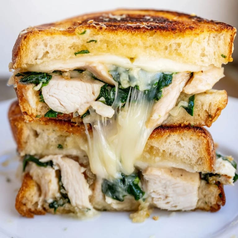 Savory Grilled Chicken Spinach Panini with garlic butter, fresh spinach, and melted cheese.  
