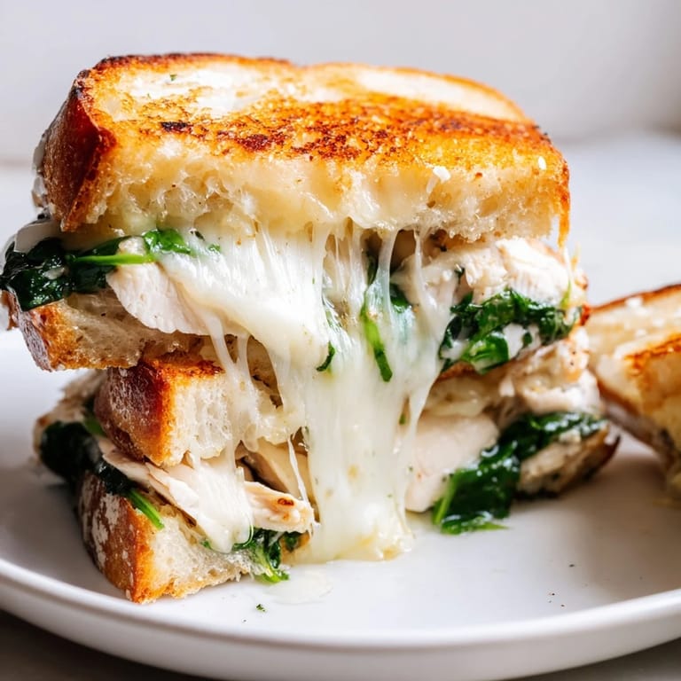 A close-up of a toasted Grilled Chicken Spinach Panini sliced to reveal layers of juicy grilled chicken and spinach.