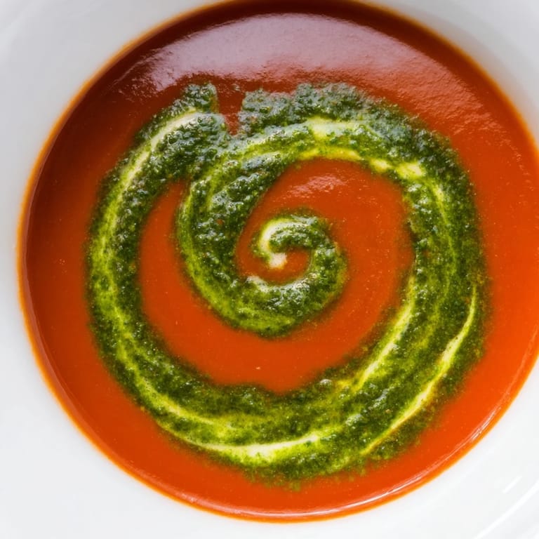 Creamy Tomato Soup with Basil Pesto Swirl served in a white ceramic bowl, a spoon resting beside it ready to dive in.