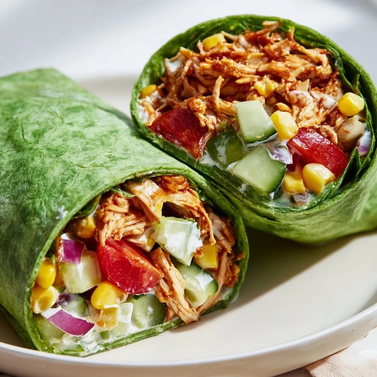 Perfectly rolled BBQ Chicken Salad Wrap ready for a quick lunch, filled with juicy BBQ chicken, crunchy cucumbers, and red onions in a soft spinach tortilla.  