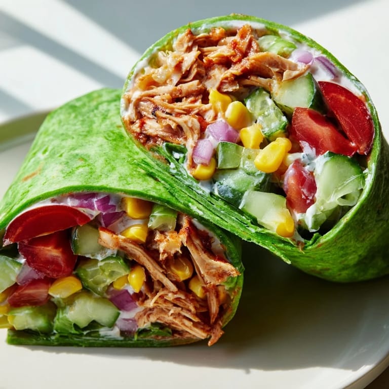 Close-up of a BBQ Chicken Salad Wrap showcasing the creamy dressing, sweet corn, and tender chicken, served on a rustic wooden board with fresh lime wedges.