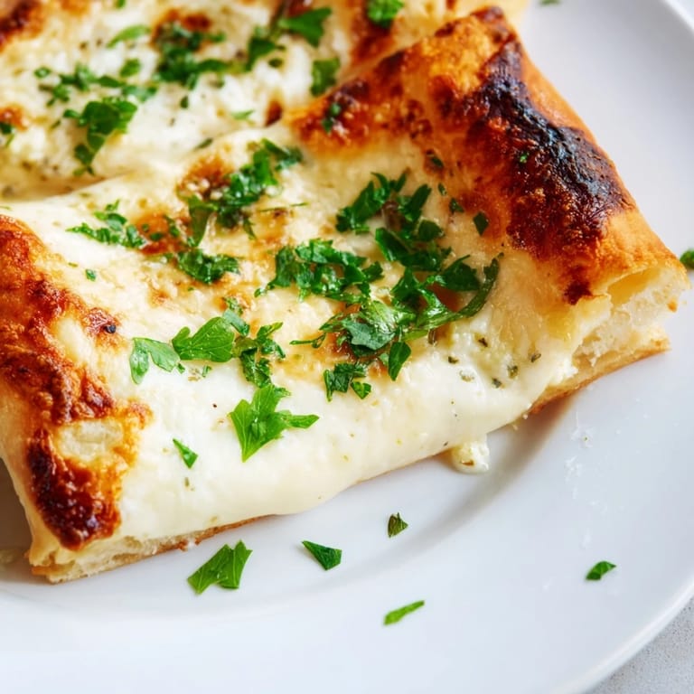 A close-up of creamy garlic white pizza showing a crisp crust and melted, golden cheese topping.  