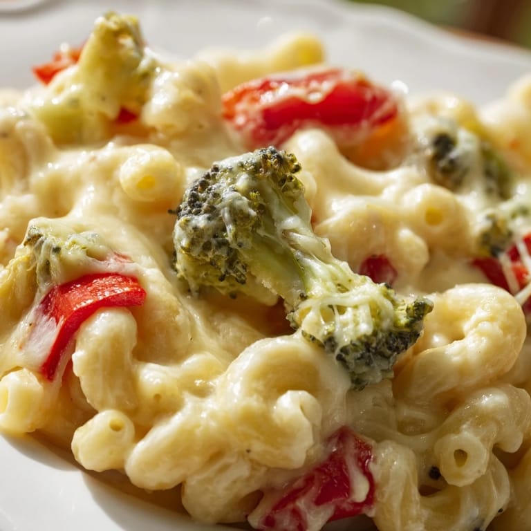 Golden roasted vegetables and melted mozzarella create a colorful, hearty bowl of Roasted Veggie Mac & Cheese, perfect for easy weeknight meals with a bubbly, cheesy finish.