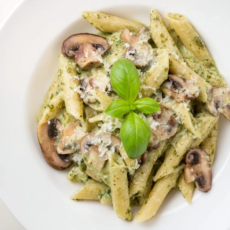 Close-up of a skillet of Mushroom Pesto Pasta, featuring al dente penne coated in a rich, emerald basil cream sauce.  