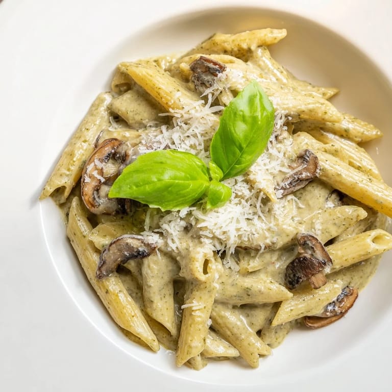 Steaming bowl of Mushroom Pesto Pasta topped with shaved Parmesan, served alongside a crisp white wine for a cozy dinner.