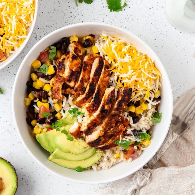 Spicy Chicken Burrito Bowl topped with melted cheese, vibrant salsa, and cilantro, ready to enjoy as a hearty Tex-Mex meal.